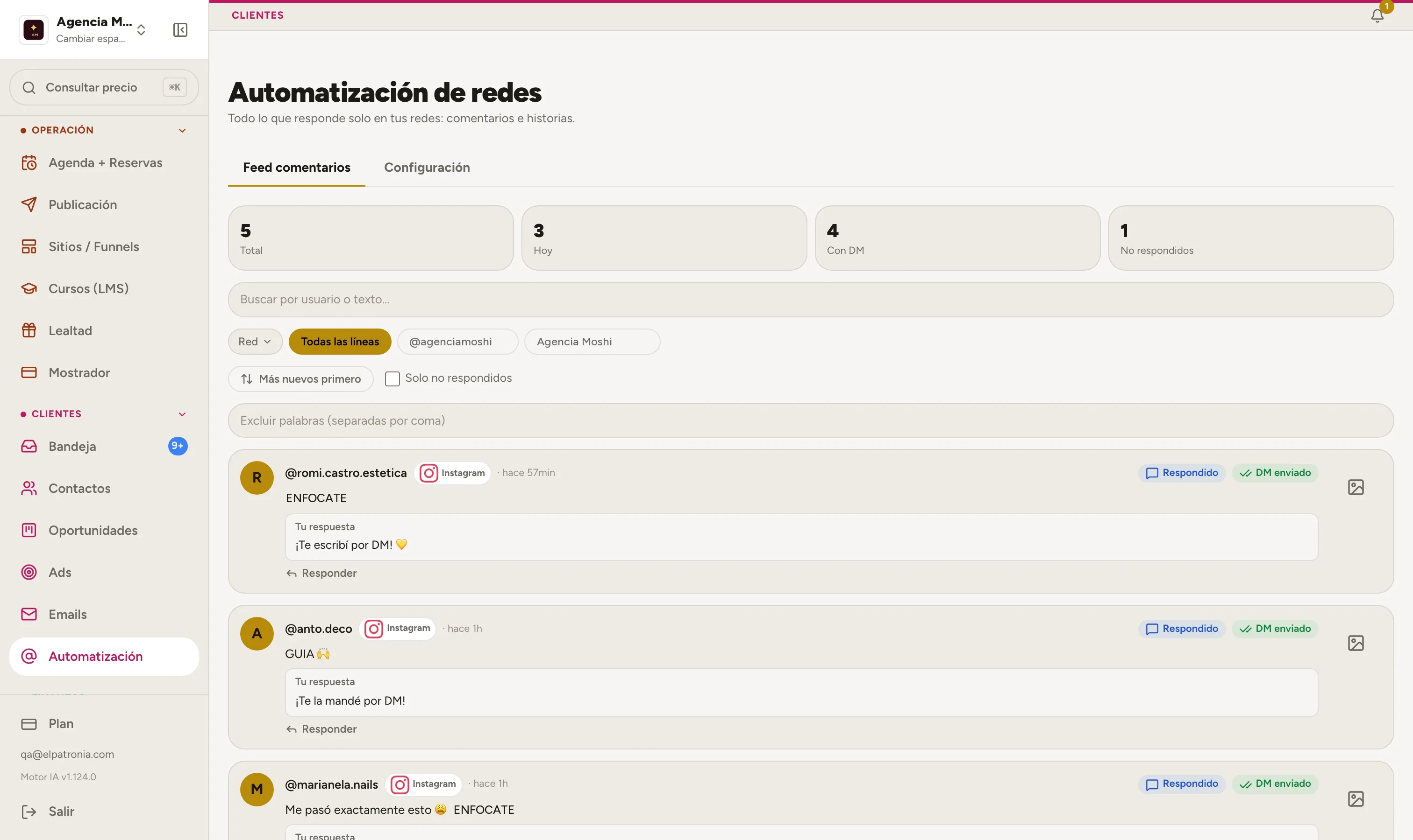 Feed de comentarios con el mensaje automático enviado