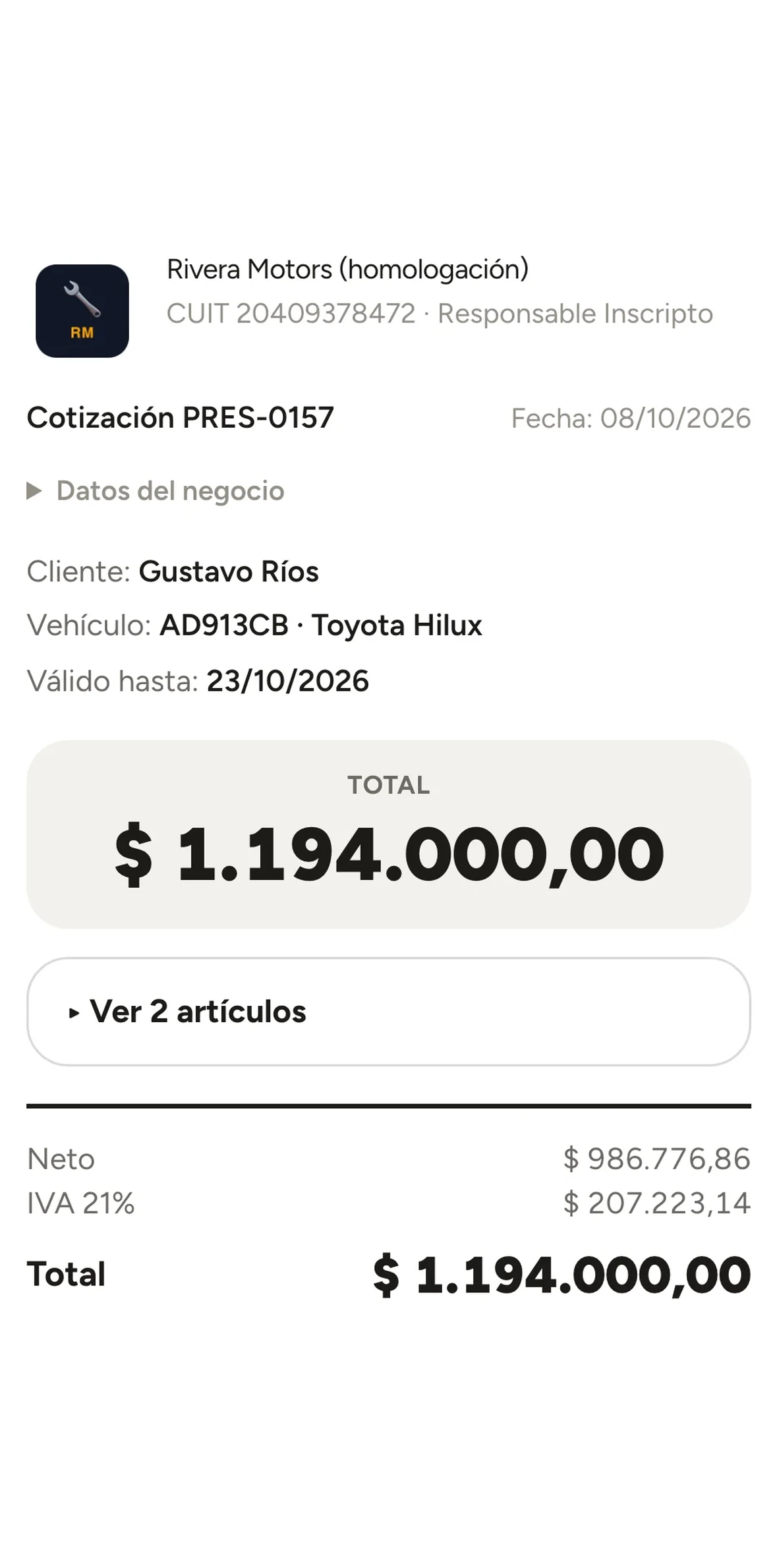 Presupuesto que recibe el cliente