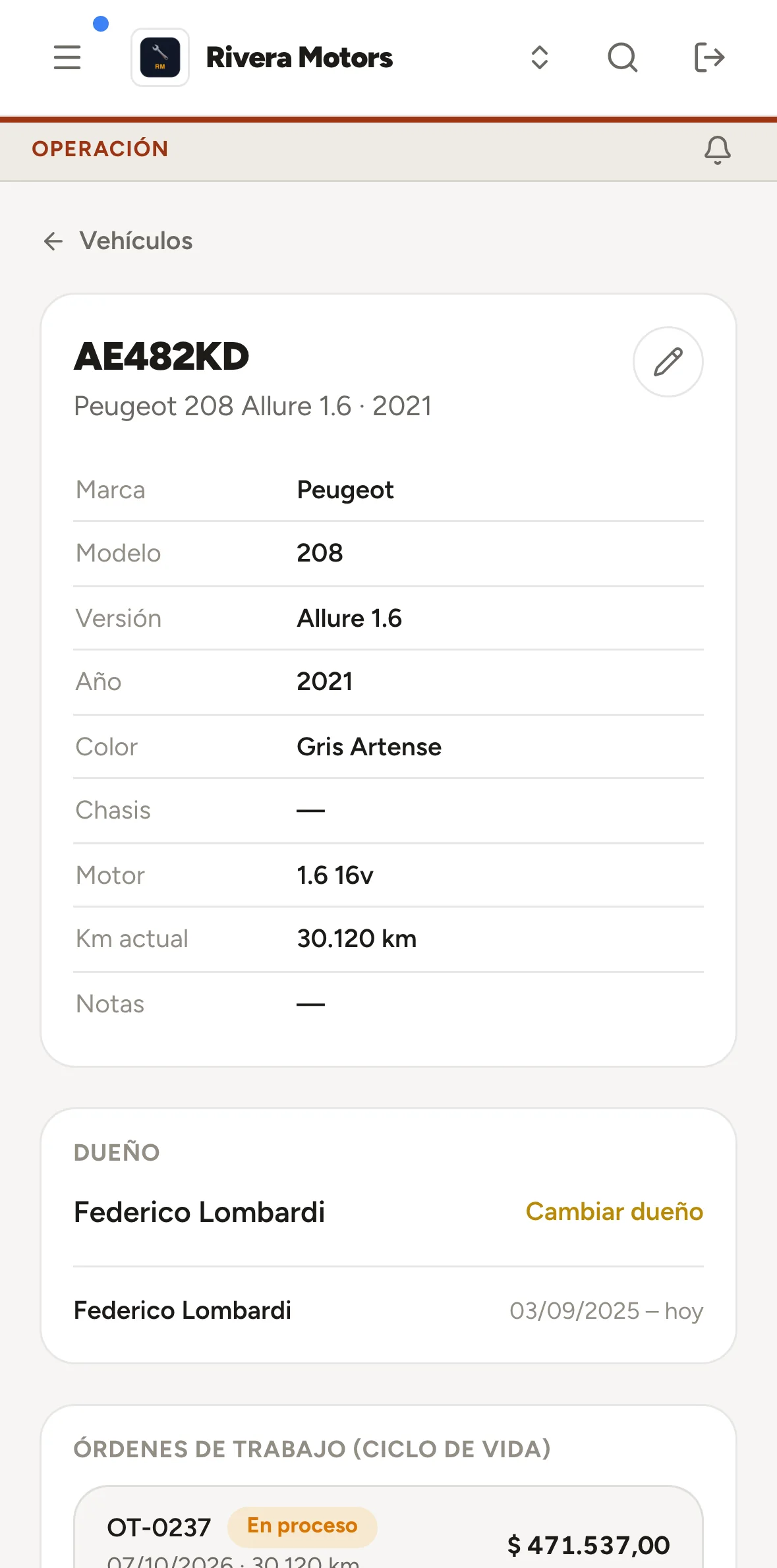Ficha del vehículo en el celular